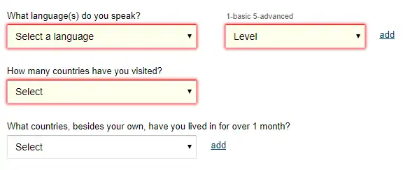 6) The following page is part of the "more about you" category. A lot of information is required: The languages you speak and your level in each one, as well as the countries where you have lived for more than a month.