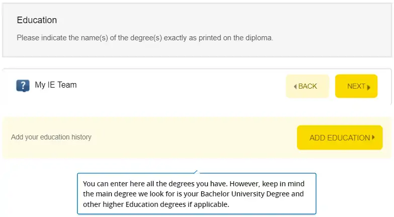 4) The next page requires your diplomas and details of prior education.