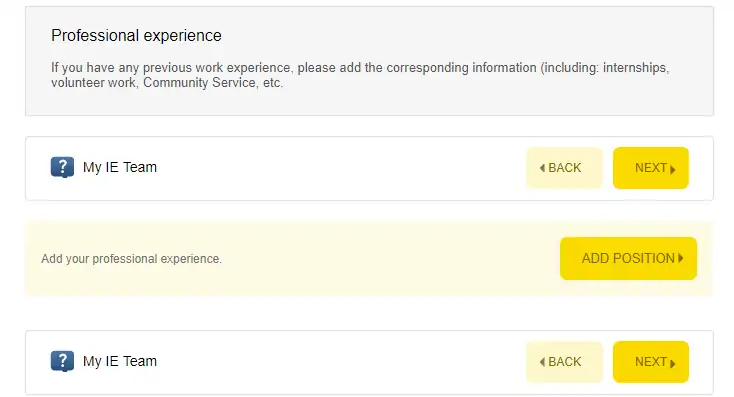 5) On the next page, you must provide your previous professional experience (including various projects such as volunteer work, community service, fundraising activities, NGOs, and the like).